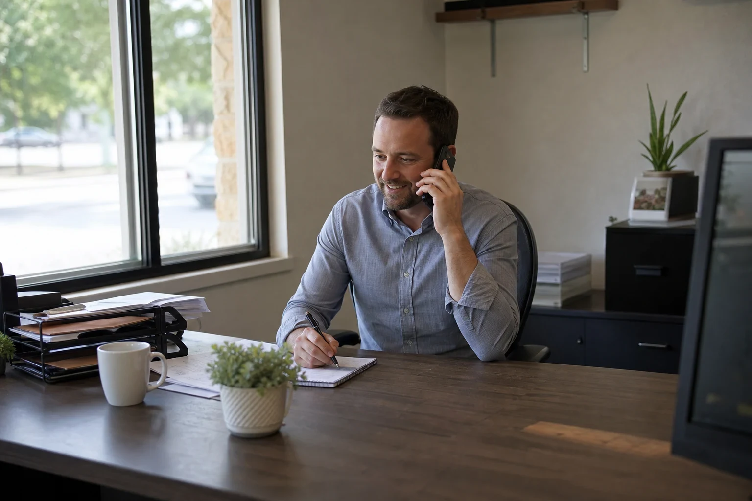Smiling agent in a blue button-down shirt talks on a phone and takes notes at a wooden office desk beside a large window, with a mug, small plant and paper tray